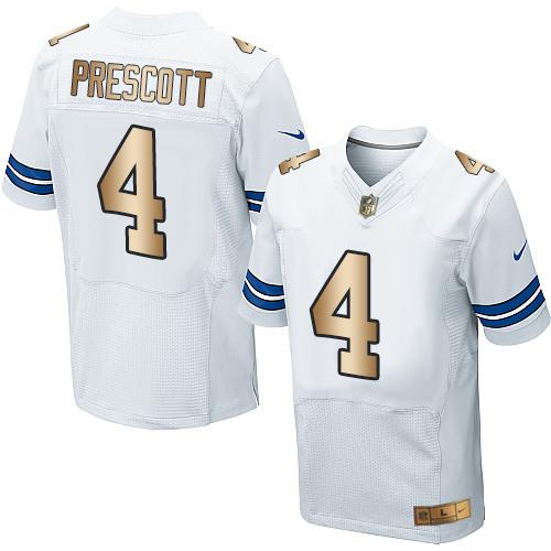 Nike Cowboys #4 Dak Prescott White Men's Stitched NFL Elite Gold Jersey - Click Image to Close